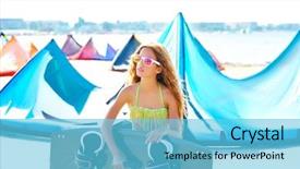  Presentation with kite - Cool new theme with blond kite surf teen girl in summer beach at mediterranean backdrop and a light blue colored foreground