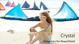  Presentation with teen girl - Slide deck with blond kite surf teen girl in summer beach sitting on sand background and a lemonade colored foreground