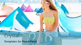  Presentation with kite - Audience pleasing PPT layouts consisting of blond kite surf teen girl in summer beach at mediterranean backdrop and a light blue colored foreground