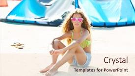  Presentation with kite - Slide set with blond kite surf teen girl in summer beach sitting on sand background and a lemonade colored foreground