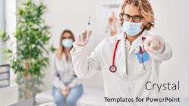  Presentation with syringe - Presentation consisting of blond-man-wearing-doctor-uniform background and a light gray colored foreground