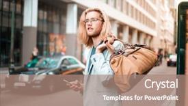  Presentation with eyeglasses - Presentation design enhanced with blond man with a big background and a coral colored foreground