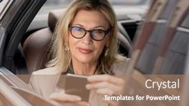  Presentation with scrolling - Colorful slide set enhanced with blond-mature-businesswoman-looking backdrop and a coral colored foreground