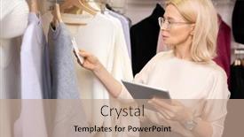  Presentation with price - Slide set having blond-mature-shop-assistant background and a coral colored foreground