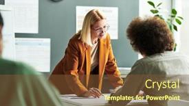  Presentation with foreign - PPT theme enhanced with blond-mature-teacher-of-foreign background and a tawny brown colored foreground