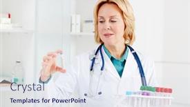  Presentation with flasks - Cool new PPT theme with blond nurse looking at one of flasks with sample of new vaccine backdrop and a sky blue colored foreground