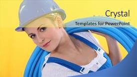  Presentation with plastic pvc pipe - Cool new slide set with blond plumber carrying plastic piping backdrop and a  colored foreground