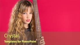  Presentation with bass guitar - Amazing slide set having blond rock and roll girl bass guitar player portrait on red background backdrop and a tawny brown colored foreground