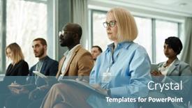  Presentation with speaker - PPT theme consisting of blond-serious-businesswoman-with-open background and a teal colored foreground