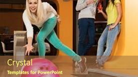  Presentation with bowling - PPT theme having blond-smiling-girl-throwing-ball background and a tawny brown colored foreground