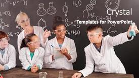  Presentation with chemical reaction - PPT layouts with blond-teacher-and-three-intercultural background and a dark gray colored foreground