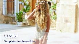 Presentation with teen girl - PPT layouts consisting of blond teen girl tourist in mediterranean old town profile with curly hair background and a sky blue colored foreground