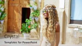  Presentation with teen - Presentation design consisting of flower crown - blond teen girl tourist background and a coral colored foreground