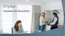  Presentation with reading table - PPT theme with blond-woman-chatting-with-black background and a light gray colored foreground