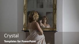  Presentation with quilt - Slide set having blond woman dressed in quilt examining herself in mirror background and a tawny brown colored foreground