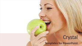  Presentation with eat - Audience pleasing slides consisting of blond woman eat green apple backdrop and a coral colored foreground