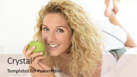  Presentation with green apple - Beautiful PPT theme featuring blond woman eating green apple backdrop and a coral colored foreground