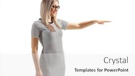  Presentation with height - PPT theme with blond-woman-gesturing-with-hand background and a white colored foreground