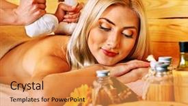  Presentation with herbal medicine healing herbs mortar - Slide set consisting of blond woman getting herbal ball background and a gold colored foreground