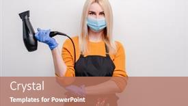  Presentation with covid - Presentation design consisting of blond-woman-hairdresser-wearing-medicine background and a coral colored foreground