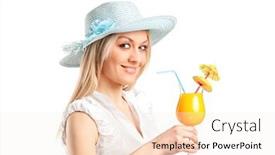  Presentation with cocktail - PPT theme consisting of blond woman holding an exotic cocktail isolated on white background background and a sky blue colored foreground