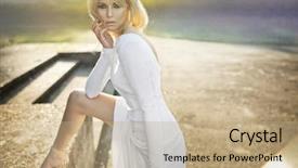  Presentation with dress for success - Slide set enhanced with blond woman in white dress background and a  colored foreground