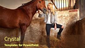 Presentation with straw bale - Beautiful PPT theme featuring blond woman on an indoor stable with a brown horse on straw bale backdrop and a tawny brown colored foreground