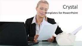  Presentation with reading - Audience pleasing presentation design consisting of blond woman reading fax message backdrop and a white colored foreground