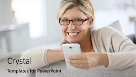  Presentation with text message - Presentation theme enhanced with blond woman reading text message background and a coral colored foreground