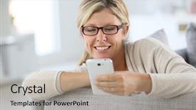  Presentation with reading and math - PPT theme with blond woman reading text message background and a mint green colored foreground