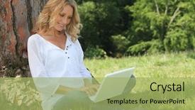  Presentation with tree - Slides enhanced with blond woman sat by tree background and a mint green colored foreground