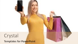  Presentation with phone - Cool new slides with blond-woman-showing-a-mobile backdrop and a yellow colored foreground