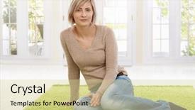  Presentation with space - PPT theme having blond woman sitting on floor background and a soft green colored foreground