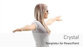  Presentation with spread - Beautiful slide set featuring blond-woman-with-glasses-walking backdrop and a white colored foreground