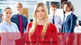  Presentation with ethnic group - Slide set with blond young businesswoman multi ethnic teamwork group as leader in office background and a crimson colored foreground