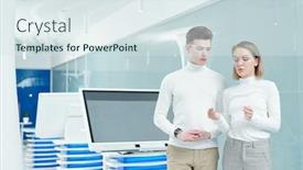  Presentation with consulting - Amazing PPT theme having blond-young-female-office-manager backdrop and a sky blue colored foreground