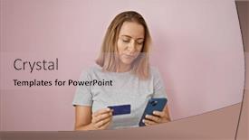  Presentation with credit card - Presentation consisting of blonde-adult-texting-a-serious and a soft green colored foreground