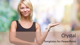  Presentation with hand palm - Presentation theme having blonde attractive woman wearing elegant background and a  colored foreground