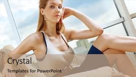  Presentation with young woman wearing boxer gloves - Slide deck with blonde blue turn - young woman sitting on chair background and a  colored foreground