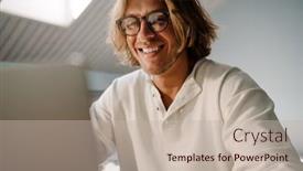  Presentation with laptop - Presentation theme featuring blonde-bristle-man-in-earphones background and a mint green colored foreground