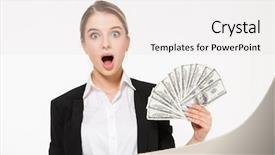  Presentation with mouth - Amazing PPT theme having blonde business woman holding money backdrop and a  colored foreground