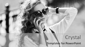  Presentation with cell - Presentation theme featuring blonde-business-woman-in-sunglasses background and a light gray colored foreground