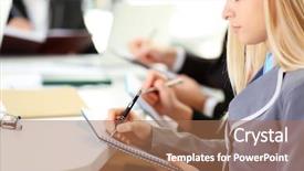  Presentation with meeting - Slides having blonde business woman making notes background and a coral colored foreground