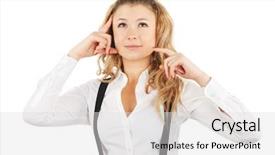  Presentation with thinking - Amazing theme having blonde business woman thinking isolated backdrop and a  colored foreground