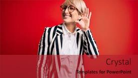  Presentation with listening woman - Presentation design consisting of blonde-business-woman-with-short background and a crimson colored foreground