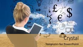  Presentation with new order - PPT theme with blonde businesswoman holding new background and a yellow colored foreground