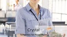  Presentation with goldfish - Cool new slide deck with blonde businesswoman holding small fishbowl backdrop and a light blue colored foreground