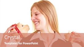  Presentation with shoulder - PPT layouts enhanced with blonde-businesswoman-holds-two-piggy background and a coral colored foreground