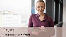  Presentation with casual young people - Slides with blonde businesswoman in casual clothes working on tablet computer at modern startup business office interior young people group on team meeting blured in background background and a mint green colored foreground