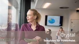  Presentation with casual young people - Presentation design consisting of blonde businesswoman in casual clothes working on tablet computer at modern startup business office interior young people group on team meeting blured in background background and a gray colored foreground